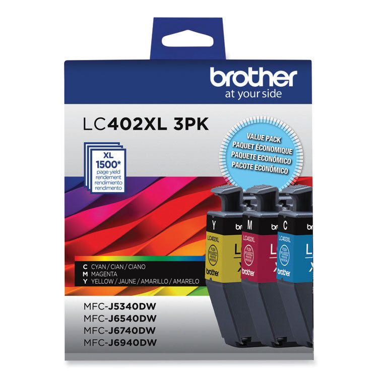 Brother LC402XL3PKS High-Yield Ink, 1,500 Page-Yield, Cyan/Magenta/Yellow (BRTLC402XL3PKS)