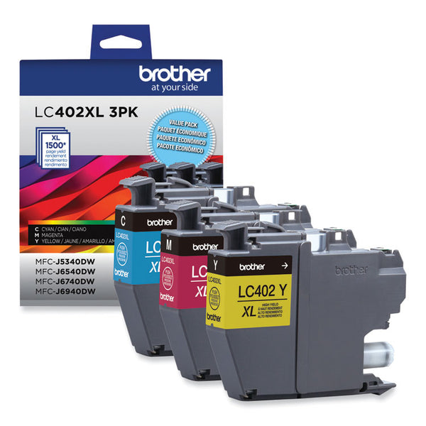 Brother LC402XL3PKS High-Yield Ink, 1,500 Page-Yield, Cyan/Magenta/Yellow (BRTLC402XL3PKS)