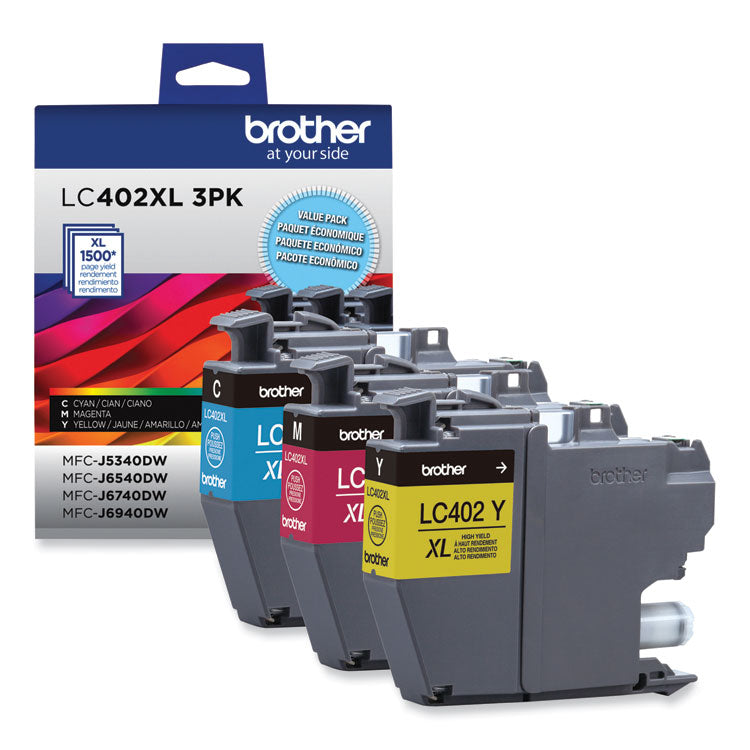 Brother LC402XL3PKS High-Yield Ink, 1,500 Page-Yield, Cyan/Magenta/Yellow (BRTLC402XL3PKS)