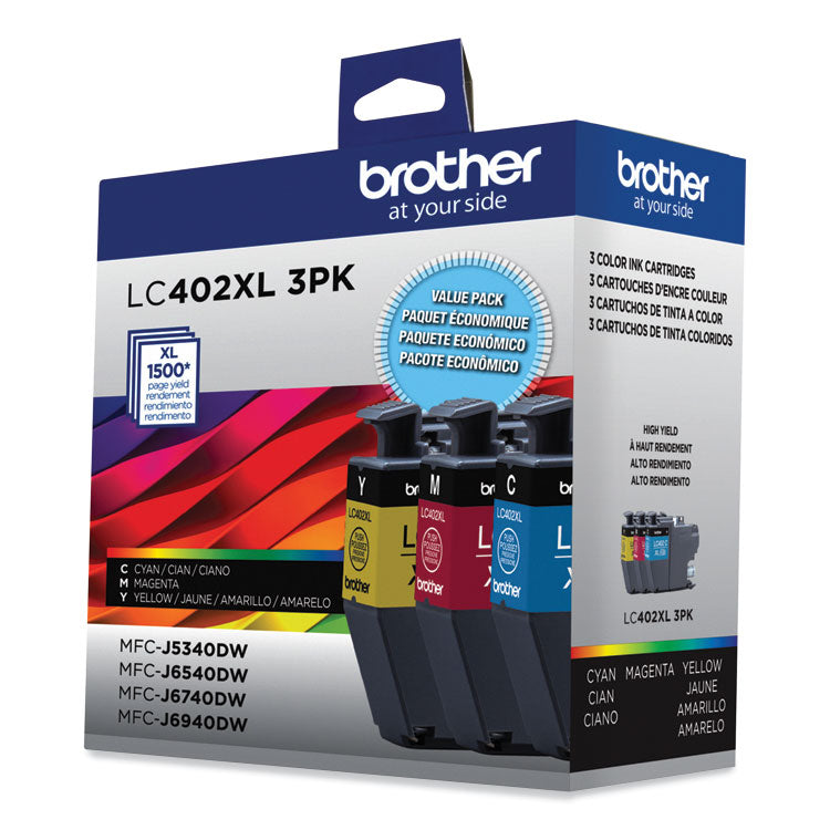 Brother LC402XL3PKS High-Yield Ink, 1,500 Page-Yield, Cyan/Magenta/Yellow (BRTLC402XL3PKS)