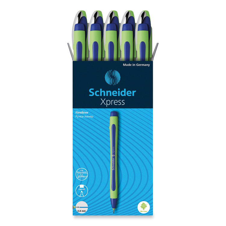 Schneider® Xpress Fineliner Porous Point Pen, Stick, Medium 0.8 mm, Blue Ink, Blue/Green Barrel, 10/Box (RED190003)