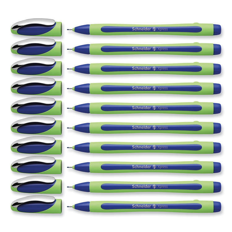 Schneider® Xpress Fineliner Porous Point Pen, Stick, Medium 0.8 mm, Blue Ink, Blue/Green Barrel, 10/Box (RED190003)
