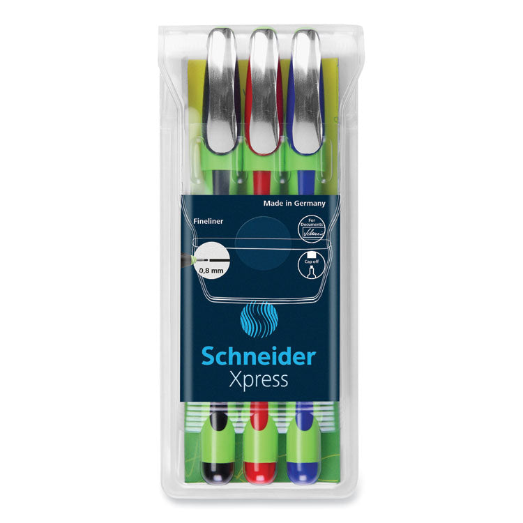 Schneider® Xpress Fineliner Porous Point Pen, Stick, Medium 0.8 mm, Assorted Ink and Barrel Colors, 3/Pack (RED190093)