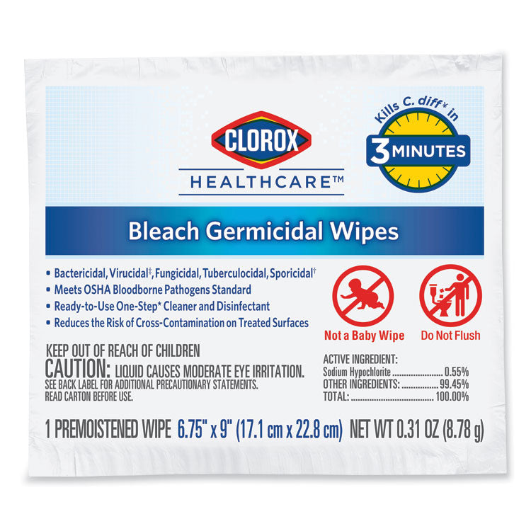 Clorox Healthcare® Bleach Germicidal Wipes, 1-Ply, 6.75 x 9, Unscented, White, 50/Box, 6 Boxes/Carton (CLO31424)