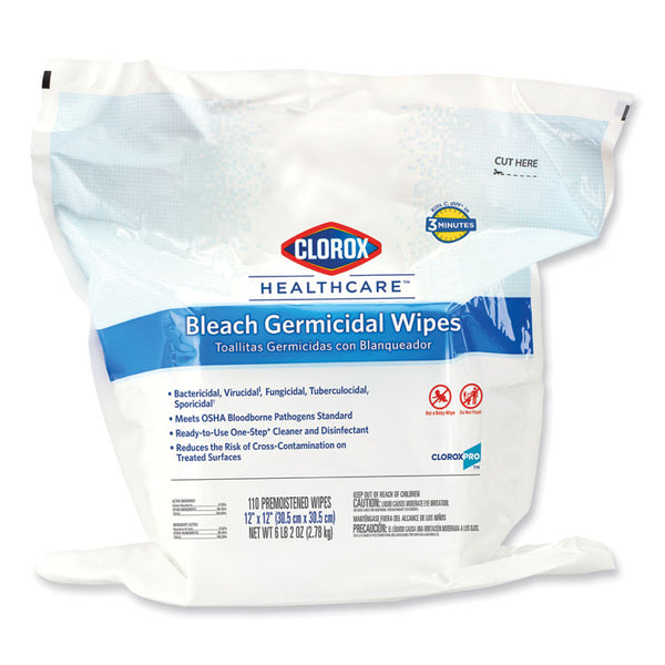 Clorox Healthcare® Bleach Germicidal Wipes, 1-Ply, 12 x 12, Unscented, White, 110/Bag (CLO30359)