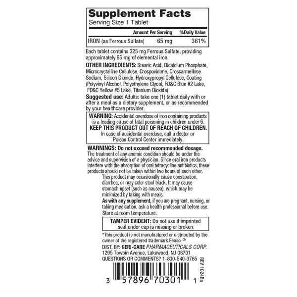 Geri-Care® Mineral Supplement Iron 325 mg Strength Tablet 100 per Bottle (555697_CS) 12/CS