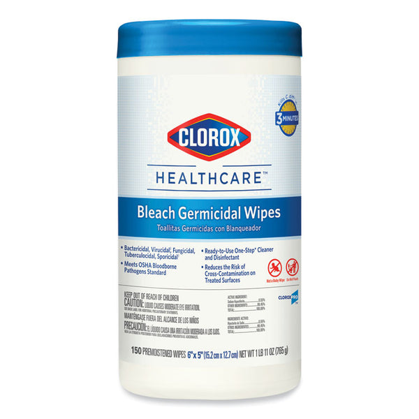 Clorox Healthcare® Bleach Germicidal Wipes, 1-Ply, 6 x 5, Unscented, White, 150/Canister (CLO30577)