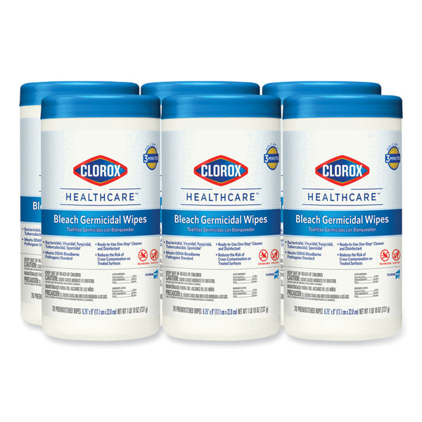 Clorox Healthcare® Bleach Germicidal Wipes, 1-Ply, 6.75 x 9, Unscented, White, 70/Canister (CLO35309CT)