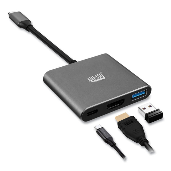 Adesso 3-in-1 USB-C Multi-Port TAA Compliant Docking Station, HDMI, USB-C, USB 3 A+PD, Black/Gray (ADEAUH4010) Each