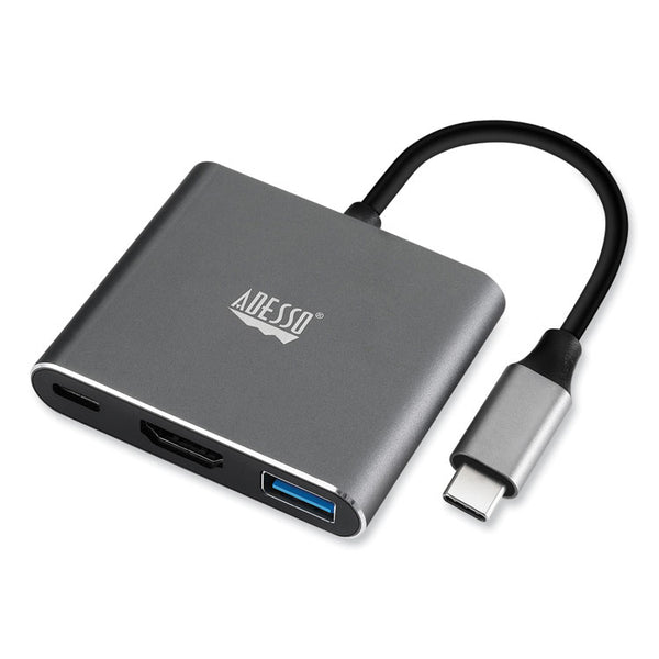 Adesso 3-in-1 USB-C Multi-Port TAA Compliant Docking Station, HDMI, USB-C, USB 3 A+PD, Black/Gray (ADEAUH4010) Each