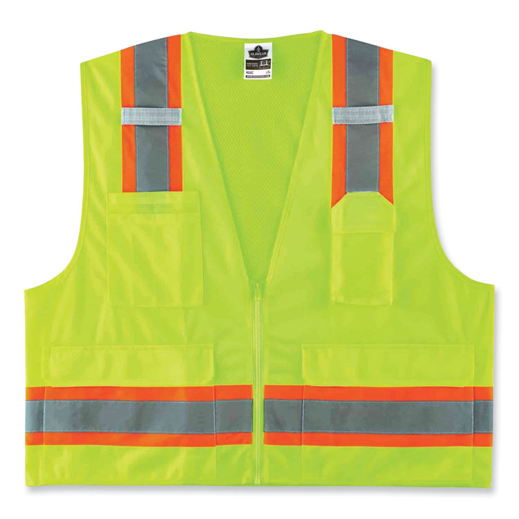 ergodyne® GloWear 8248Z Class 2 Two-Tone Surveyors Zipper Vest, Polyester, Large/X-Large, Lime, Ships in 1-3 Business Days (EGO24075) Each