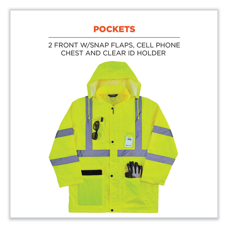 ergodyne® GloWear 8366 Class 3 Lightweight Hi-Vis Rain Jacket, Polyester, 3X-Large, Lime, Ships in 1-3 Business Days (EGO24337) Each