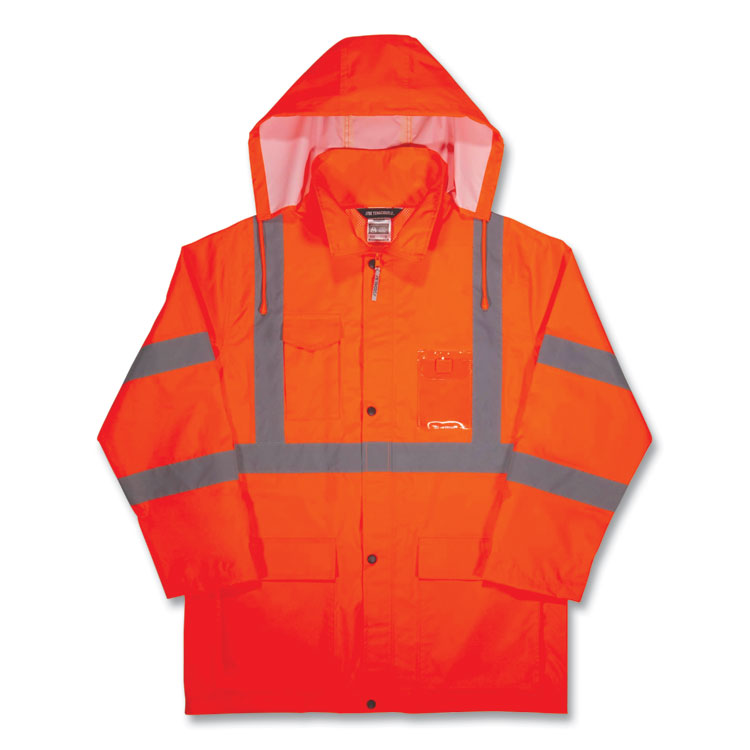 ergodyne® GloWear 8366 Class 3 Lightweight Hi-Vis Rain Jacket, Polyester, X-Large, Orange, Ships in 1-3 Business Days (EGO24365) Each