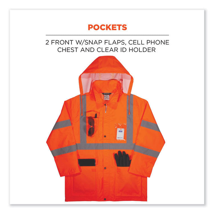 ergodyne® GloWear 8366 Class 3 Lightweight Hi-Vis Rain Jacket, Polyester, 4X-Large, Orange, Ships in 1-3 Business Days (EGO24368) Each