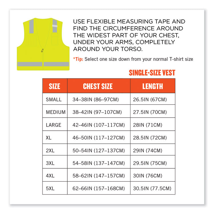 ergodyne® GloWear 8249Z-S Single Size Class 2 Economy Surveyors Zipper Vest, Polyester, 5X-Large, Lime, Ships in 1-3 Business Days (EGO24509) Each