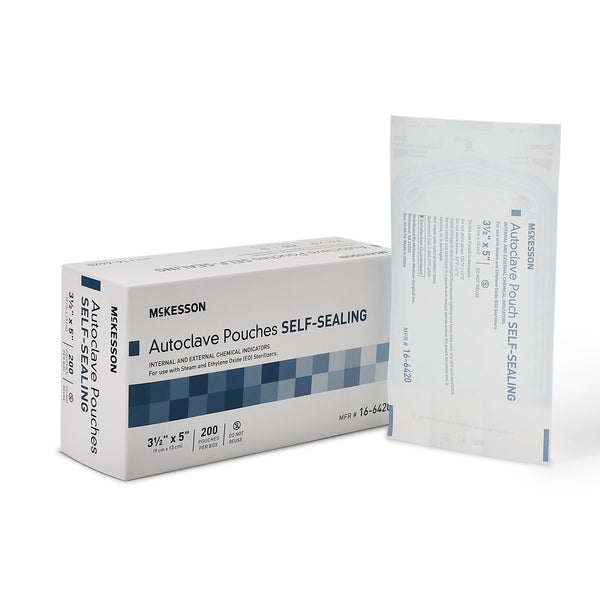 McKesson Sterilization Pouch Ethylene Oxide (EO) Gas / Steam 3-1/2 X 5 Inch Transparent Blue / White Self Seal Paper / Film (960942_BX) 200/BX