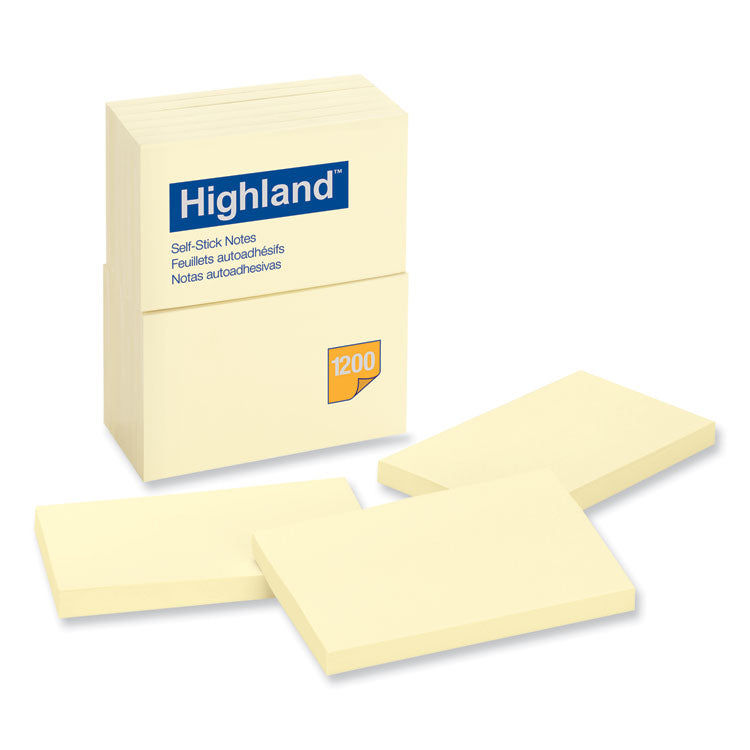 Highland™ Self-Stick Notes, 3" x 5", Yellow, 100 Sheets/Pad, 12 Pads/Pack (MMM6559YW) 12 Pads