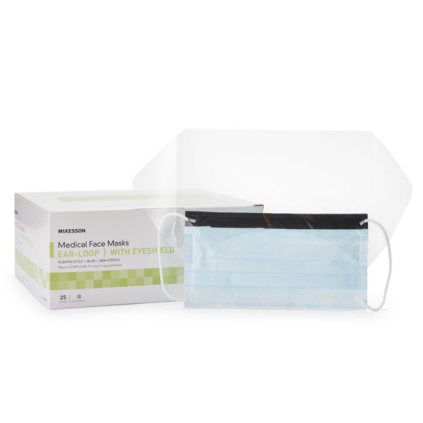McKesson Procedure Mask with Eye Shield Anti-fog ASTM Level 3 Earloops One Size Fits Most (226057_BX) 25/BX