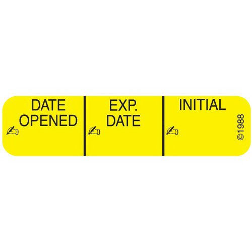Pharmex® Pre-Printed / Write On Label Auxiliary Label Yellow Paper Date opened_Exp Date_ Int_ Black Quality Control Label 3/8 X 1-9/16 Inch (808166_BX) 1/BX