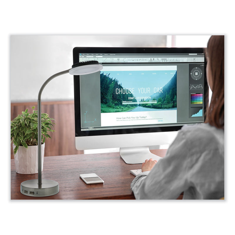 PureOptics LED Adjustable Gooseneck Desk Lamp with Two USB Ports, 14.12" High, Silver Base (BOSVLED625D) Each