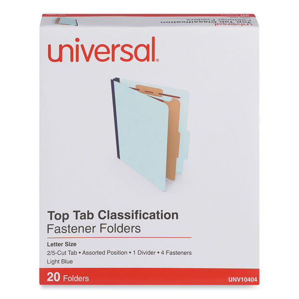 Universal® Four-Section Pressboard Classification Folders, 1.75" Expansion, 1 Divider, 4 Fasteners, Letter Size, Light Blue, 20/Box (UNV10404)