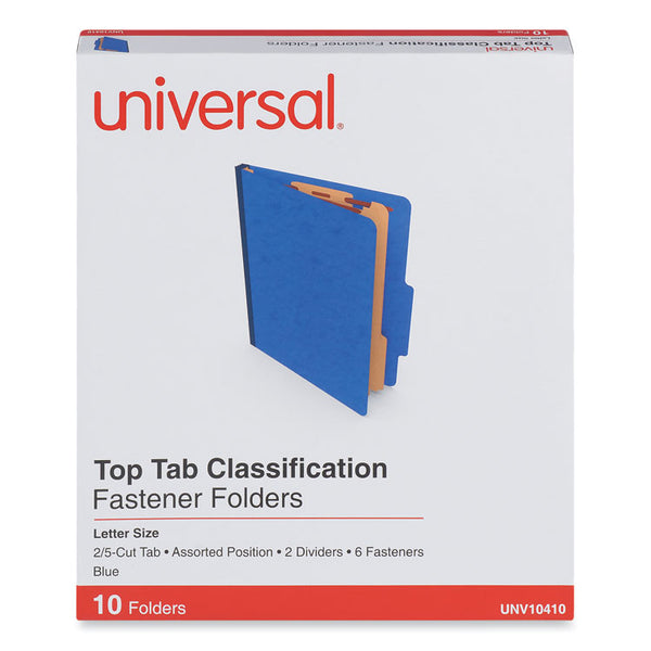 Universal® Six-Section Pressboard Classification Folders, 2.5" Expansion, 2 Dividers, 6 Fasteners, Letter Size, Blue, 10/Box (UNV10410)