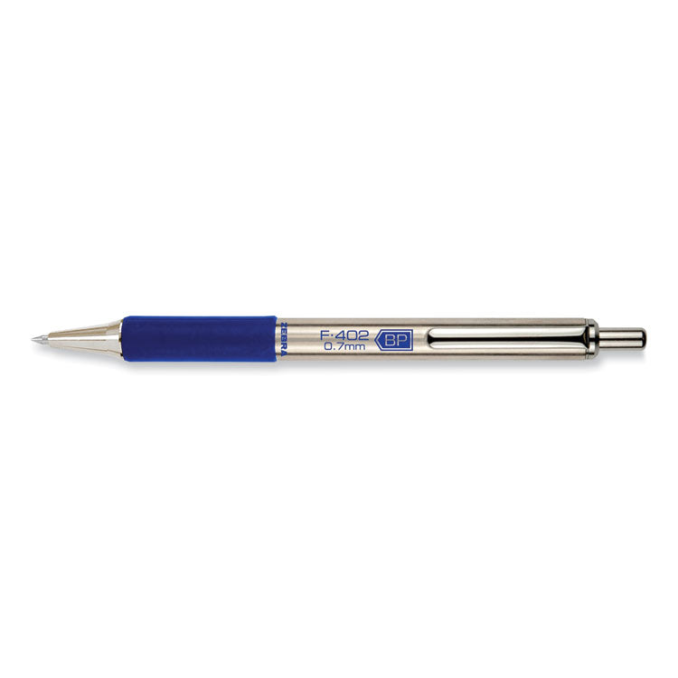 Zebra® F-402 Ballpoint Pen, Retractable, Fine 0.7 mm, Blue Ink, Stainless Steel/Blue Barrel (ZEB29220) Each