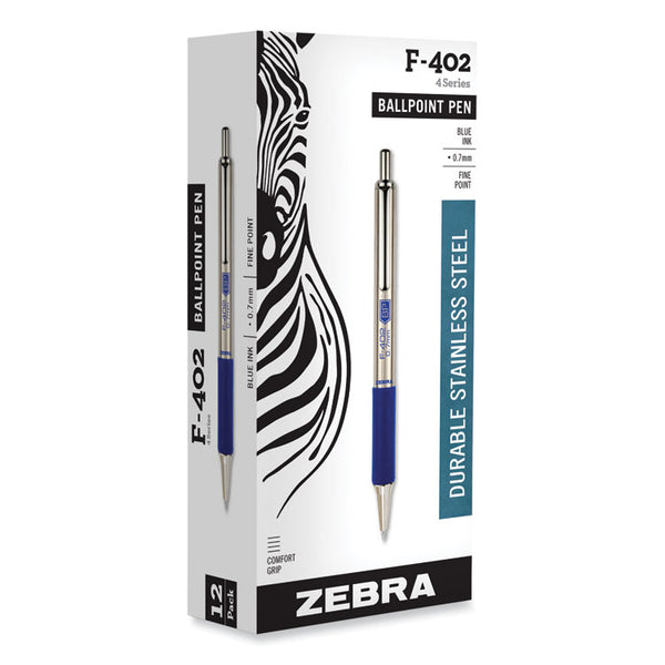 Zebra® F-402 Ballpoint Pen, Retractable, Fine 0.7 mm, Blue Ink, Stainless Steel/Blue Barrel (ZEB29220)