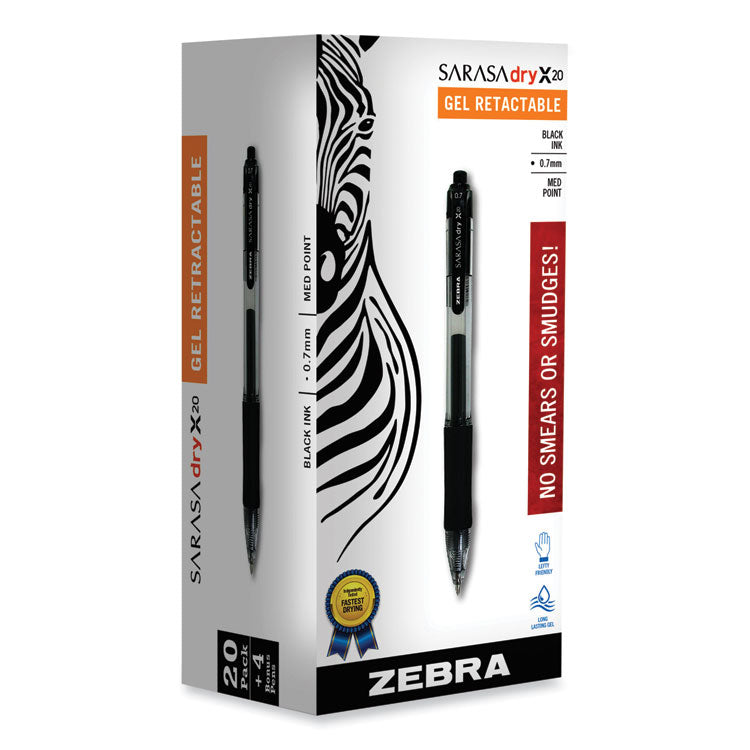 Zebra® Sarasa Dry Gel X20 Gel Pen Value Pack, Retractable, Medium 0.7 mm, Black Ink, Clear/Black Barrel, 24/Box (ZEB14680) Pack of 24