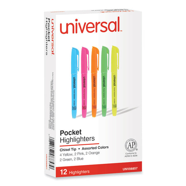 Universal™ Pocket Highlighters, Assorted Ink Colors, Chisel Tip, Assorted Barrel Colors, Dozen (UNV08857)