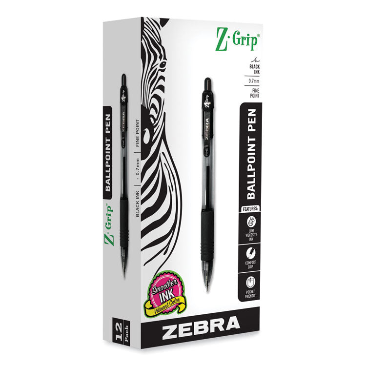 Zebra® Z-Grip Ballpoint Pen, Retractable, Medium 0.7 mm, Black Ink, Clear/Black Barrel, 12/Pack (ZEB23910)