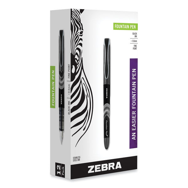 Zebra® Fountain Pen, Fine 0.6 mm, Black Ink, Black/Gray Barrel, 12/Pack (ZEB48310)