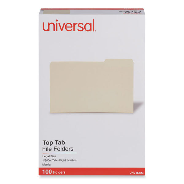 Universal® Top Tab File Folders, 1/3-Cut Tabs: Right Position, Legal Size, 0.75" Expansion, Manila, 100/Box (UNV15123)