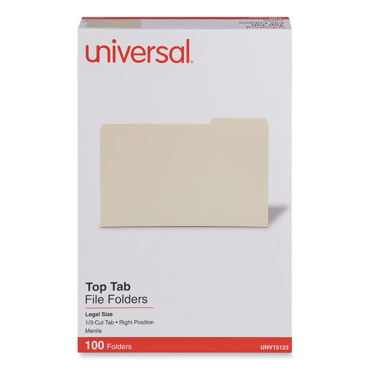 Universal® Top Tab File Folders, 1/3-Cut Tabs: Right Position, Legal Size, 0.75" Expansion, Manila, 100/Box (UNV15123) Box of 100