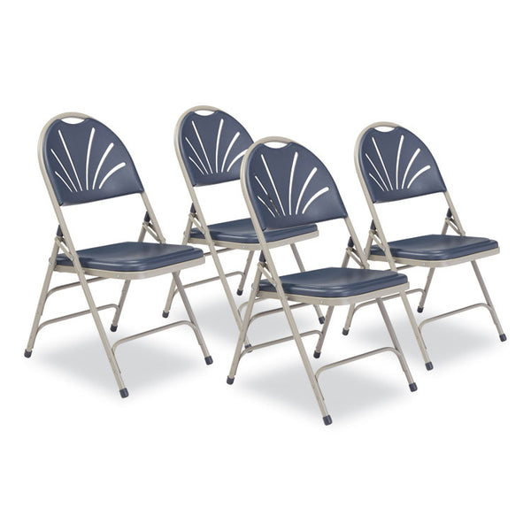 NPS® 1100 Series Deluxe Fan-Back Tri-Brace Folding Chair, Supports 500 lb, Dk Blue Seat/Back, Gray Base,4/CT,Ships in 1-3 Bus Days (NPS1115)