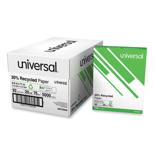 Universal® 30% Recycled Copy Paper, 92 Bright, 20 lb Bond Weight, 8.5 x 11, White, 500 Sheets/Ream, 10 Reams/Carton (UNV20030)