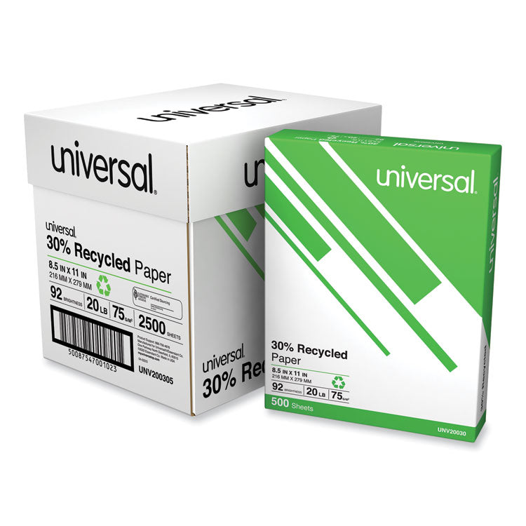 Universal® 30% Recycled Copy Paper, 92 Bright, 20 lb Bond Weight, 8.5 x 11, White, 500 Sheets/Ream, 5 Reams/Carton (UNV200305)