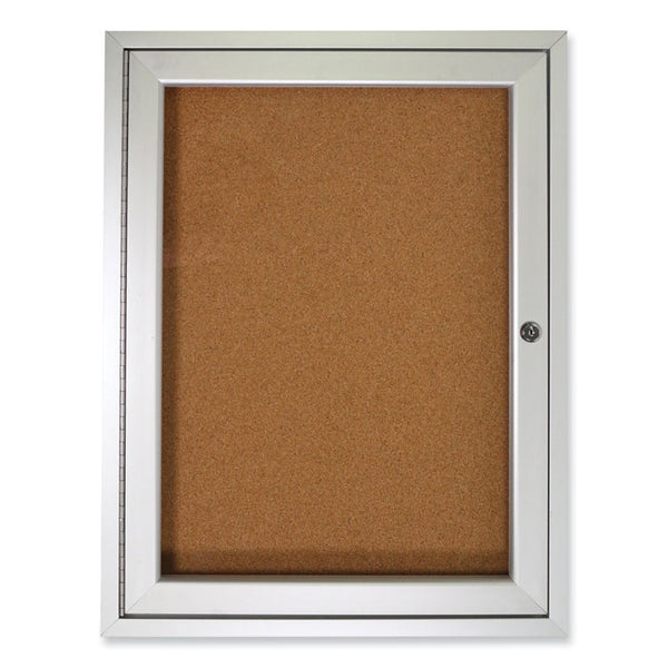 Ghent 1 Door Enclosed Natural Cork Bulletin Board with Satin Aluminum Frame, 36 x 36, Tan Surface, Ships in 7-10 Business Days (GHEPA13636K)
