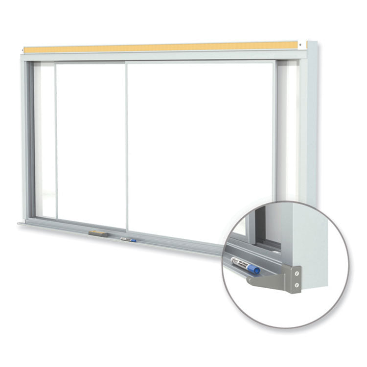 Ghent Horizontal Sliding Porcelain Magnetic Whiteboard, 96 x 48, White Surface, Satin Aluminum Frame, Ships in 7-10 Business Days (GHEHSM248)