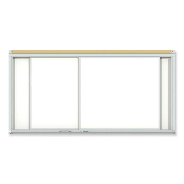 Ghent Horizontal Sliding Porcelain Magnetic Whiteboard, 96 x 48, White Surface, Satin Aluminum Frame, Ships in 7-10 Business Days (GHEHSM248)