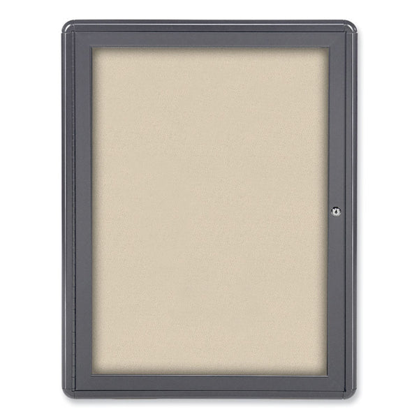 Ghent Ovation 1 Door Enclosed Beige Fabric Bulletin Board w/Gray Frame, 24.13x33.75, Aluminum Frame, Ships in 7-10 Business Days (GHEOVG1F90)