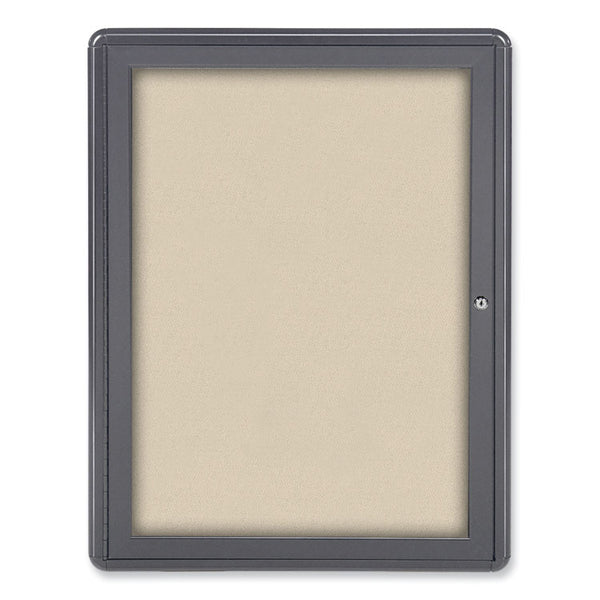 Ghent Ovation 1 Door Enclosed Beige Fabric Bulletin Board w/Gray Frame, 24.13x33.75, Aluminum Frame, Ships in 7-10 Business Days (GHEOVG1F90) Each