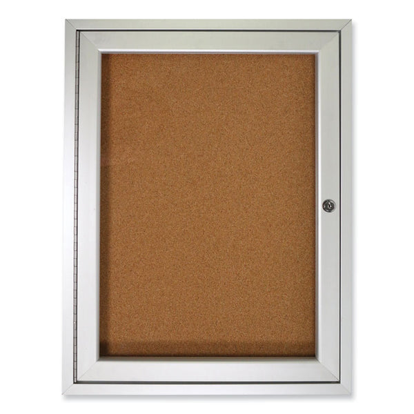 Ghent 1 Door Enclosed Natural Cork Bulletin Board with Satin Aluminum Frame, 30 x 36, Tan Surface, Ships in 7-10 Business Days (GHEPA13630K)