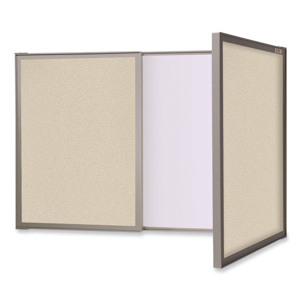 Ghent VisuALL PC Whiteboard Cabinet, Beige Fabric Bulletin Board Exterior Doors, 36x24, Aluminum Frame, Ships in 7-10 Business Days (GHE41300)