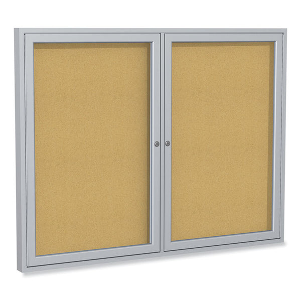 Ghent 2 Door Enclosed Natural Cork Bulletin Board with Satin Aluminum Frame, 48 x 36, Tan Surface, Ships in 7-10 Business Days (GHEPA23648K)