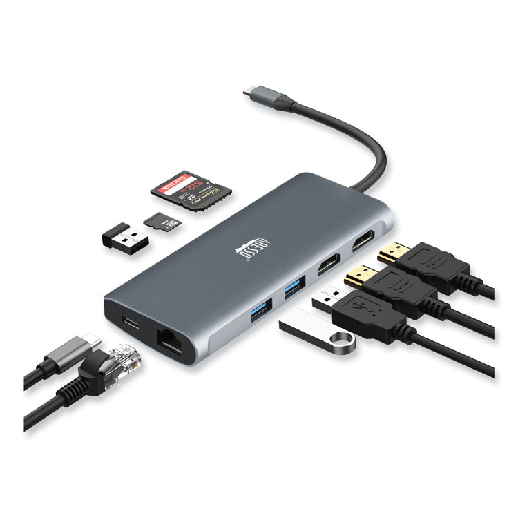 Adesso 9-in-1 USB Type-C Docking Station, 2 HDMI/3 USB C/SD and TF Slot/RJ45, Gray/Black (ADEAUH4040) Each