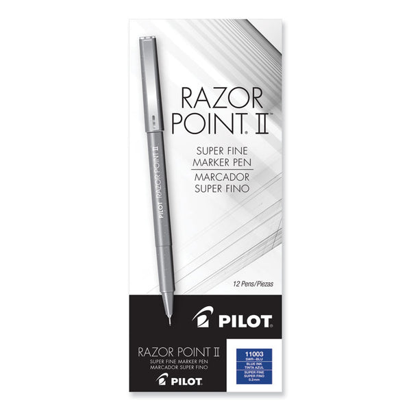 Pilot® Razor Point II Super Fine Line Porous Point Pen, Stick, Ultra-Fine 0.2 mm, Blue Ink, Blue Barrel, Dozen (PIL11003)