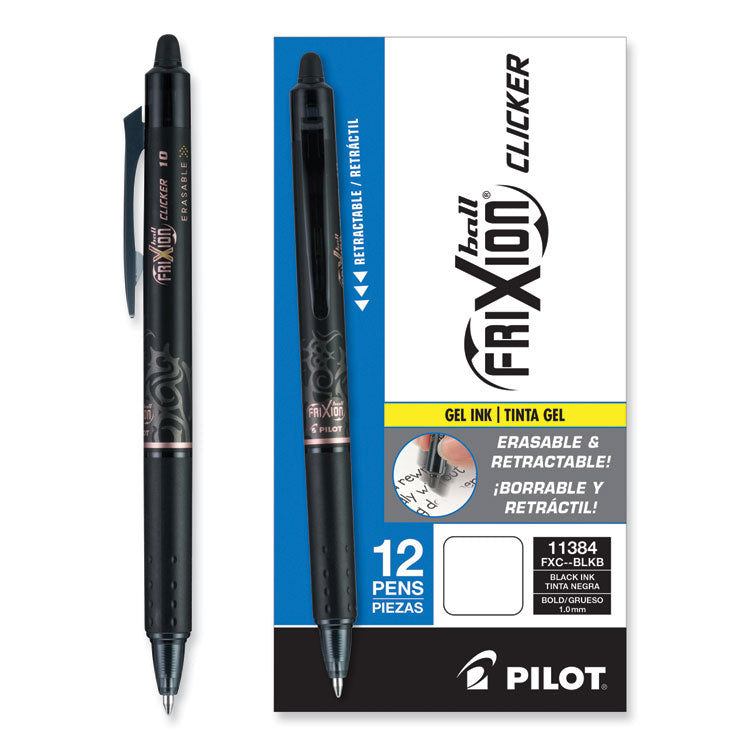 Pilot® FriXion Clicker Erasable Gel Pen, Retractable, Bold 1 mm, Black Ink, Black Barrel, Dozen (PIL11384)