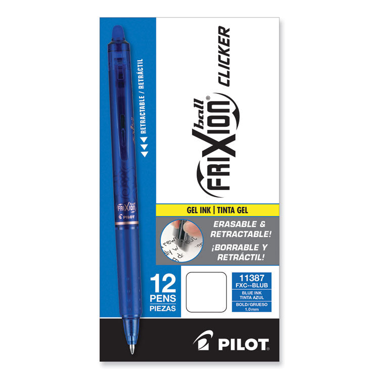 Pilot® FriXion Clicker Erasable Gel Pen, Retractable, Bold 1 mm, Blue Ink, Blue Barrel, Dozen (PIL11387)