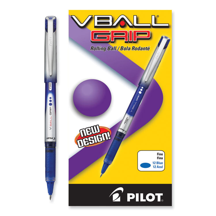 Pilot® VBall Grip Liquid Ink Roller Ball Pen, Stick, Fine 0.7 mm, Blue Ink, Blue/Silver Barrel, Dozen (PIL35571)